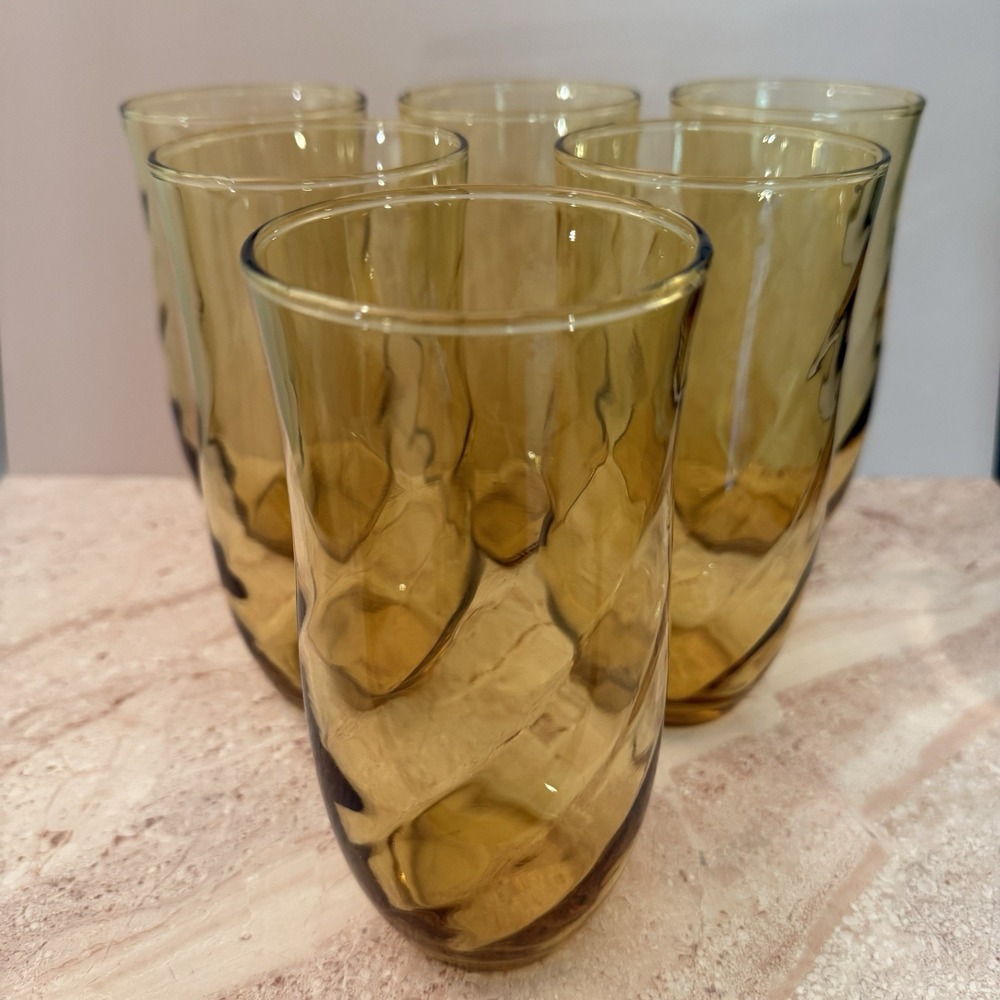 Vintage Libbey Tiara Gold Optic Swirl Beverage Glasses Tumblers Set of 6 12oz